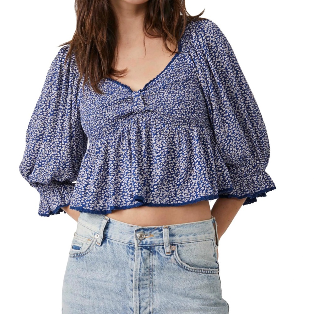 Free People Navy Floral Puff Sleeve Blouse